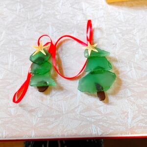 Green Christmas Tree Ornaments with Red Ribbon SEA GLASS